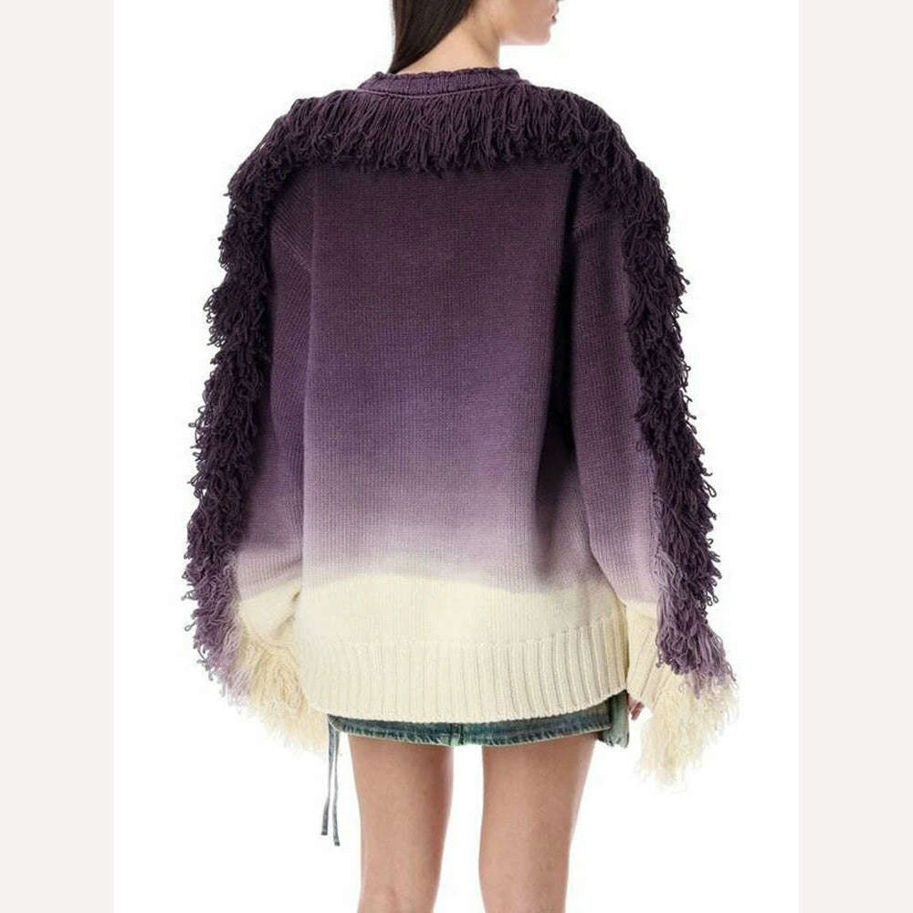 DEAT Fashion Women's Knitted Pullover Loose Round Neck Gradient Tassel Spliced Full Sleeves Sweater Autumn 2024 New Tide LM28080 - KIMLUD