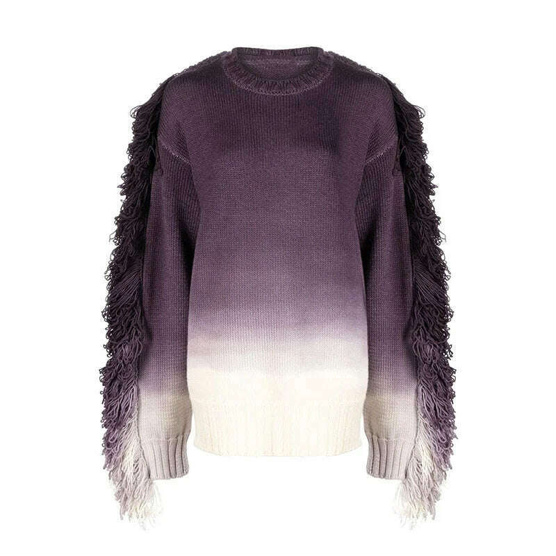DEAT Fashion Women's Knitted Pullover Loose Round Neck Gradient Tassel Spliced Full Sleeves Sweater Autumn 2024 New Tide LM28080 - KIMLUD