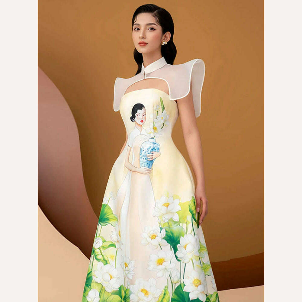 DEAT Strapless Dress Spliced Design Printed Flowers Design Waist A-line Women's Party Dress 2024 Spring New Fashion 13DB4000 - KIMLUD