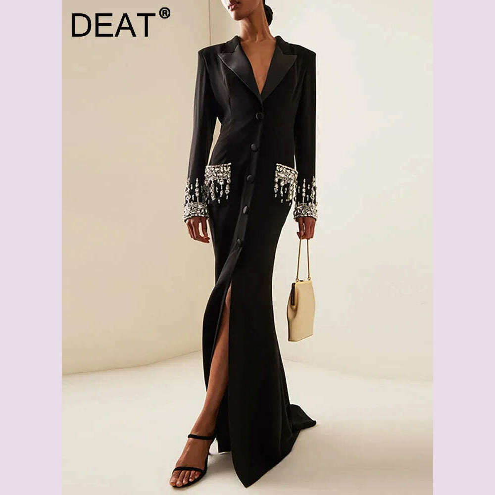 DEAT Women's Fashion Evening Dress Notched Collar Single Breasted Diamond Setting Waist Elegant Party Dresses Summer 2024 New - KIMLUD