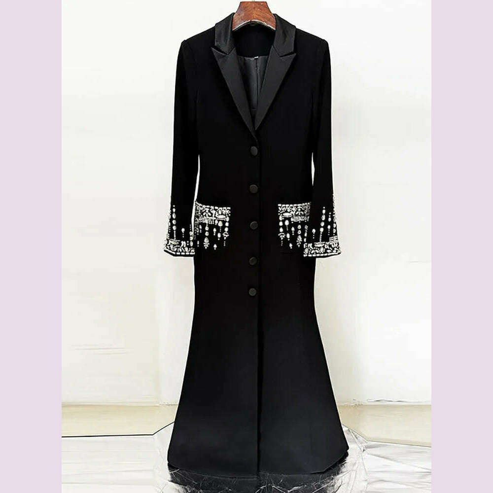 DEAT Women's Fashion Evening Dress Notched Collar Single Breasted Diamond Setting Waist Elegant Party Dresses Summer 2024 New - KIMLUD