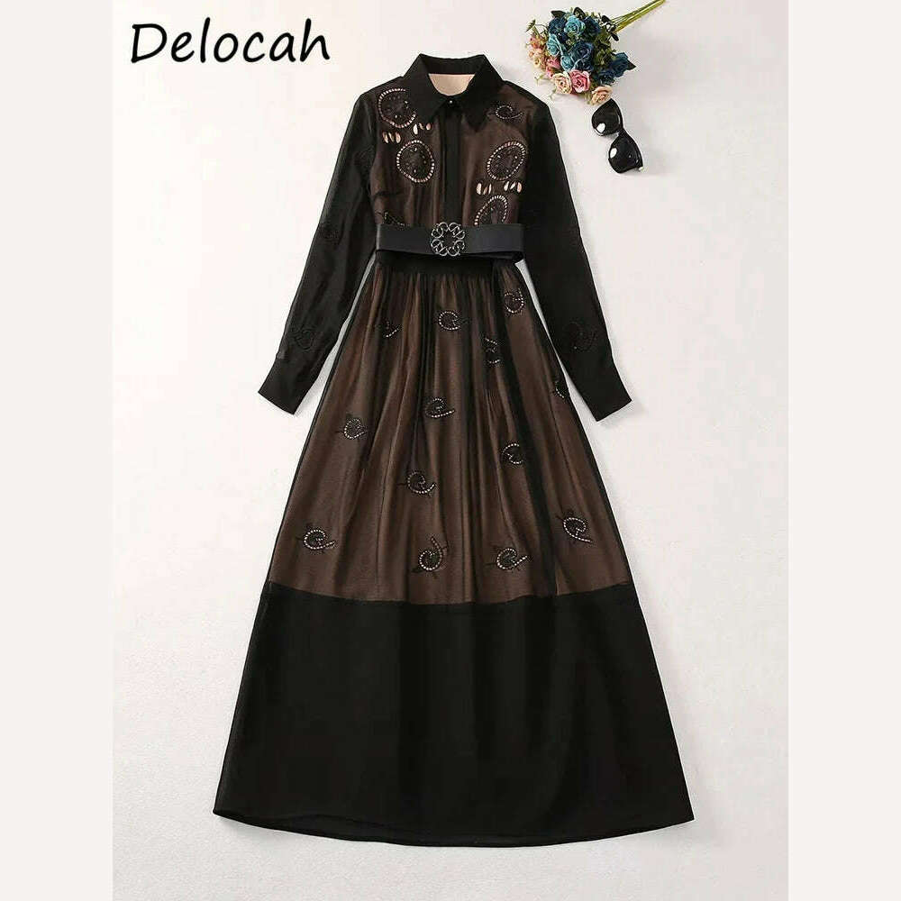 Delocah High Quality Autumn Women Fashion Runway A-Line Dress Lantern Long Sleeve Belt Hollow Out Solid Color Print Long Dresses - KIMLUD