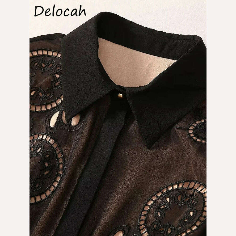 Delocah High Quality Autumn Women Fashion Runway A-Line Dress Lantern Long Sleeve Belt Hollow Out Solid Color Print Long Dresses - KIMLUD
