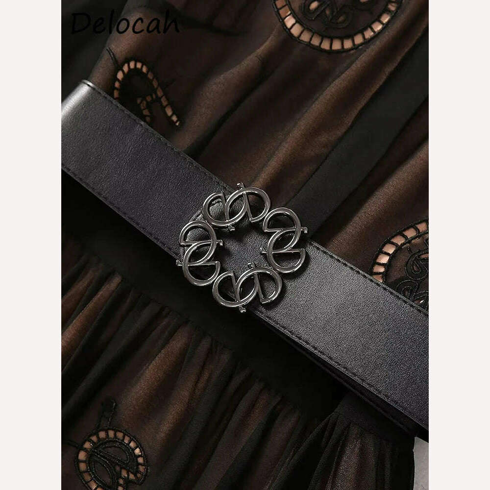 Delocah High Quality Autumn Women Fashion Runway A-Line Dress Lantern Long Sleeve Belt Hollow Out Solid Color Print Long Dresses - KIMLUD