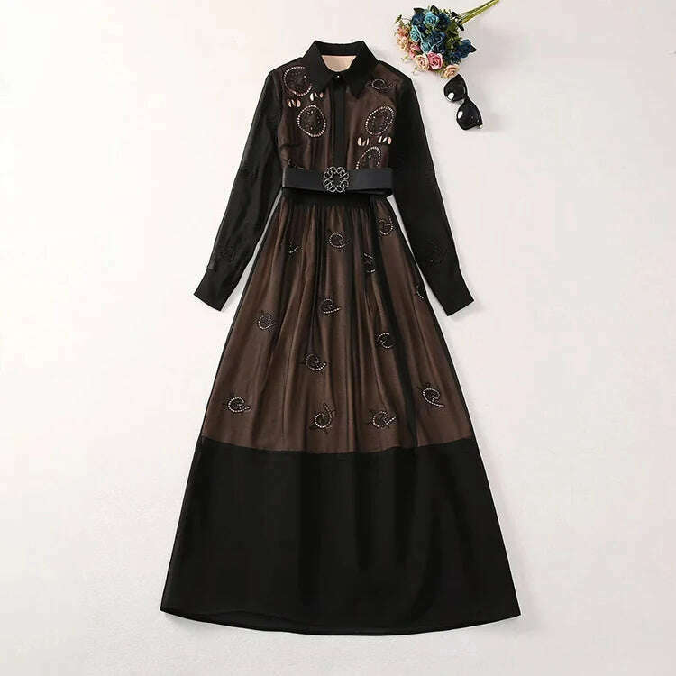 Delocah High Quality Autumn Women Fashion Runway A-Line Dress Lantern Long Sleeve Belt Hollow Out Solid Color Print Long Dresses - KIMLUD