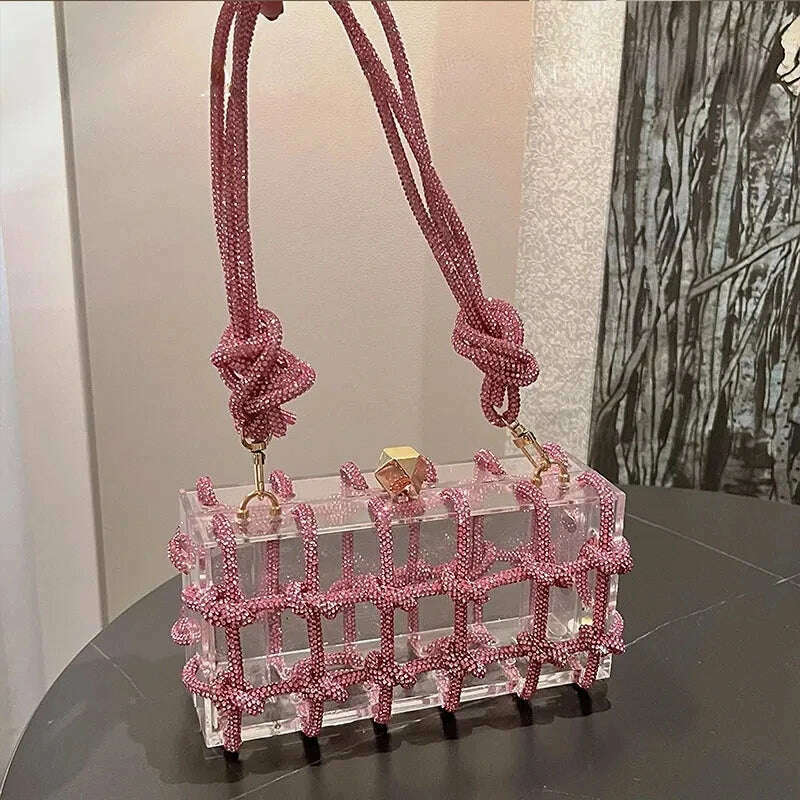 Diamond Clear Acrylic Box Evening Clutch Bags Women Boutique Woven Knotted Rope Rhinestone Purse and Handbags Wedding Party Ins - KIMLUD