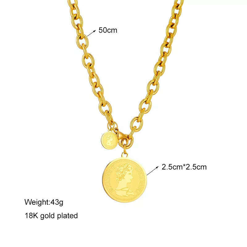 DIEYURO 316L Stainless Steel Gold Color Hip Hop Round Portrait Coin Necklace For Women Men Fashion Trend Girl Jewelry Gift Joyas - KIMLUD