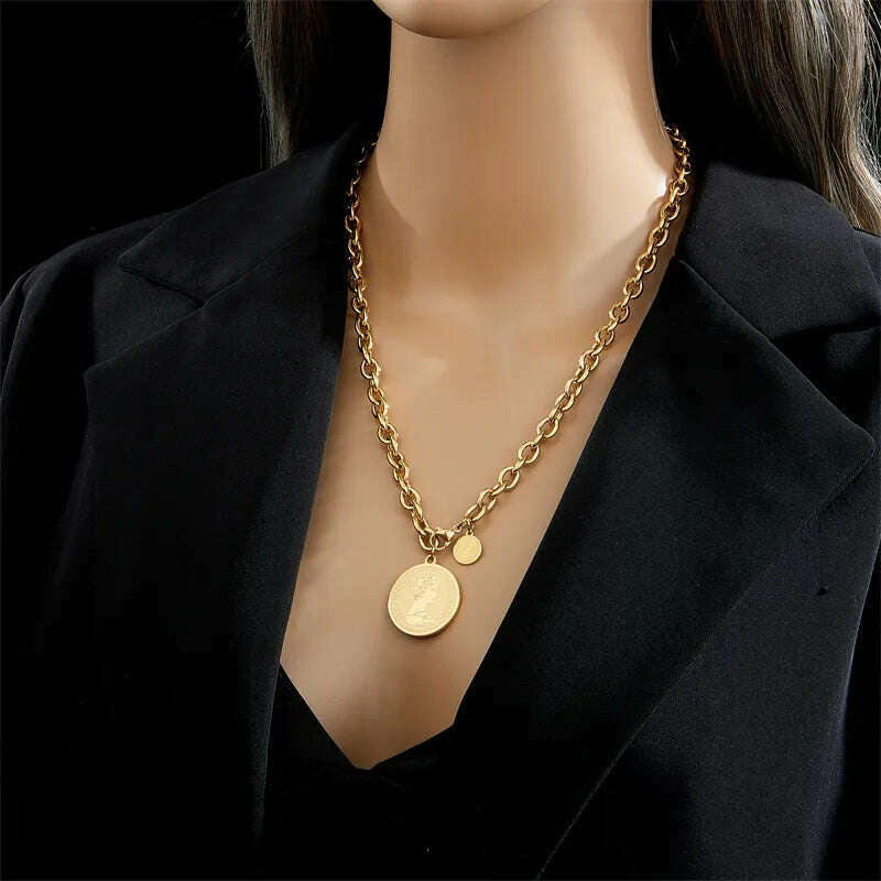 DIEYURO 316L Stainless Steel Gold Color Hip Hop Round Portrait Coin Necklace For Women Men Fashion Trend Girl Jewelry Gift Joyas - KIMLUD