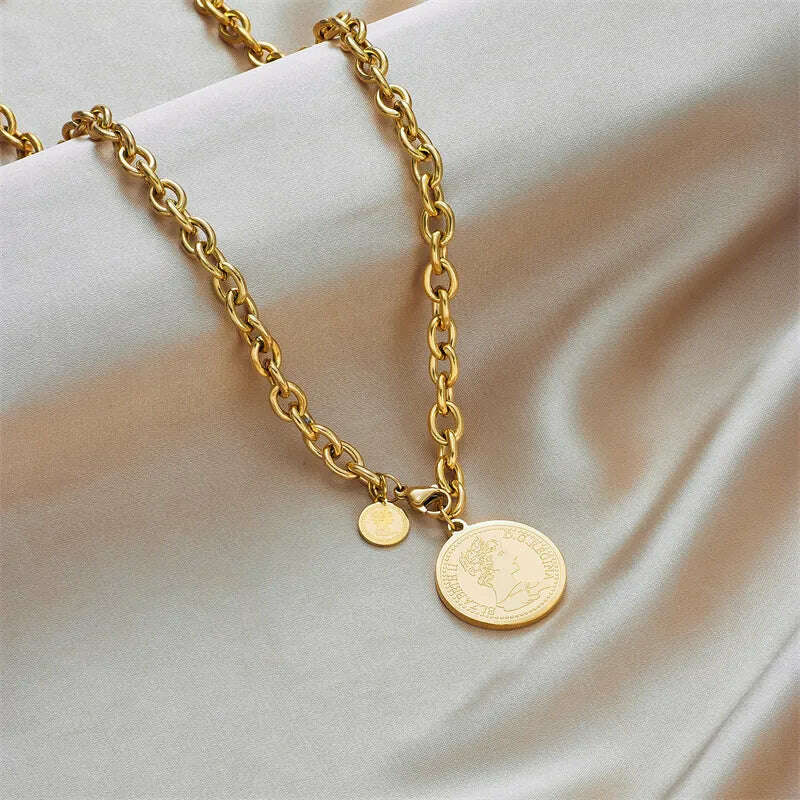 DIEYURO 316L Stainless Steel Gold Color Hip Hop Round Portrait Coin Necklace For Women Men Fashion Trend Girl Jewelry Gift Joyas - KIMLUD