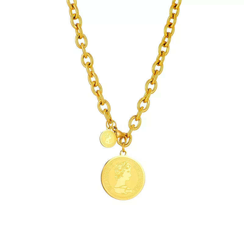 DIEYURO 316L Stainless Steel Gold Color Hip Hop Round Portrait Coin Necklace For Women Men Fashion Trend Girl Jewelry Gift Joyas - KIMLUD