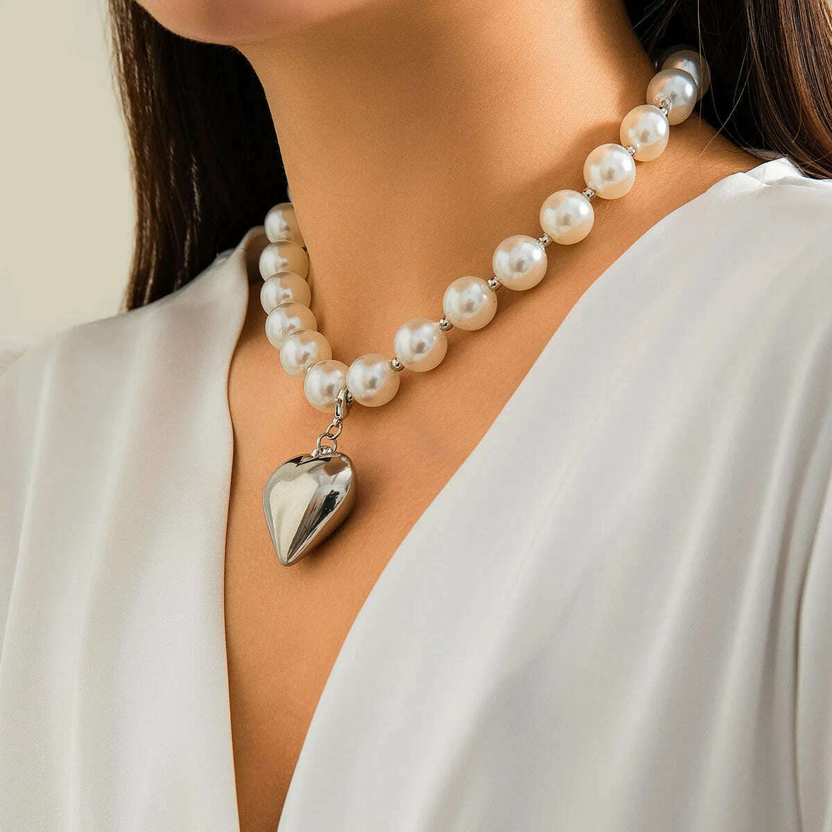 DIEZI Exaggerated CCB Heart Pendant Necklace Women Party Vintage Punk Fashion Pearl Beads Choker Statement Collar Neck Jewelry - KIMLUD