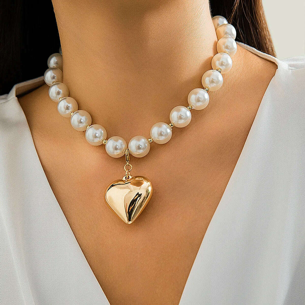 DIEZI Exaggerated CCB Heart Pendant Necklace Women Party Vintage Punk Fashion Pearl Beads Choker Statement Collar Neck Jewelry - KIMLUD