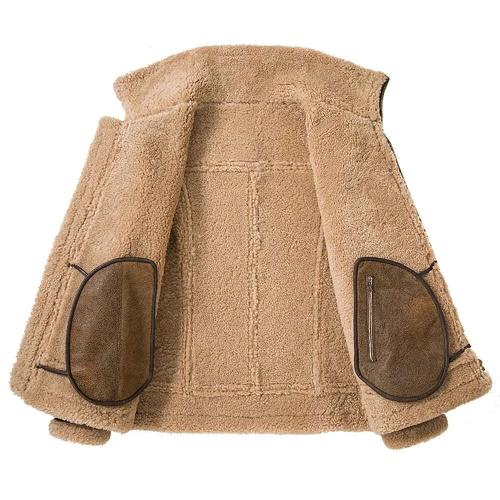 Double Collars Thick Genuine Leather Sheepskin Fur Jacket Natural Shearling Fur Coat Winter Men Warm Fur Clothing - KIMLUD