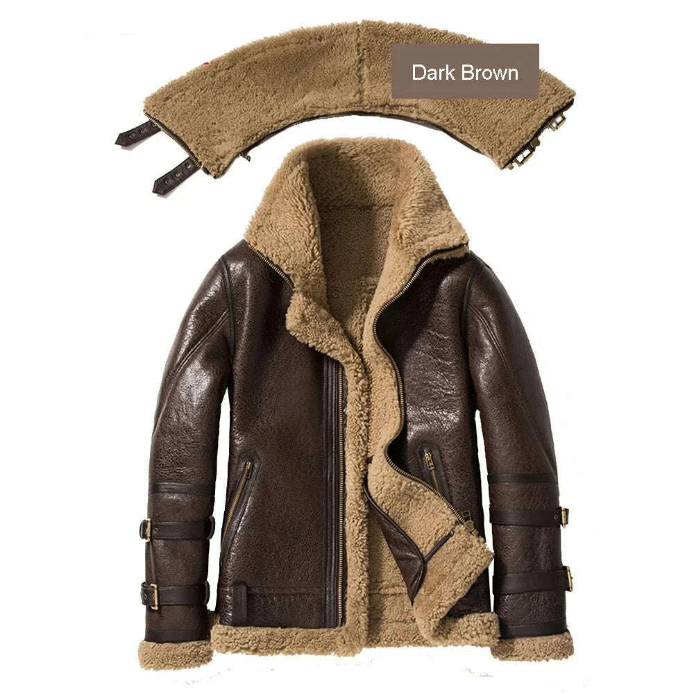 Double Collars Thick Genuine Leather Sheepskin Fur Jacket Natural Shearling Fur Coat Winter Men Warm Fur Clothing - KIMLUD