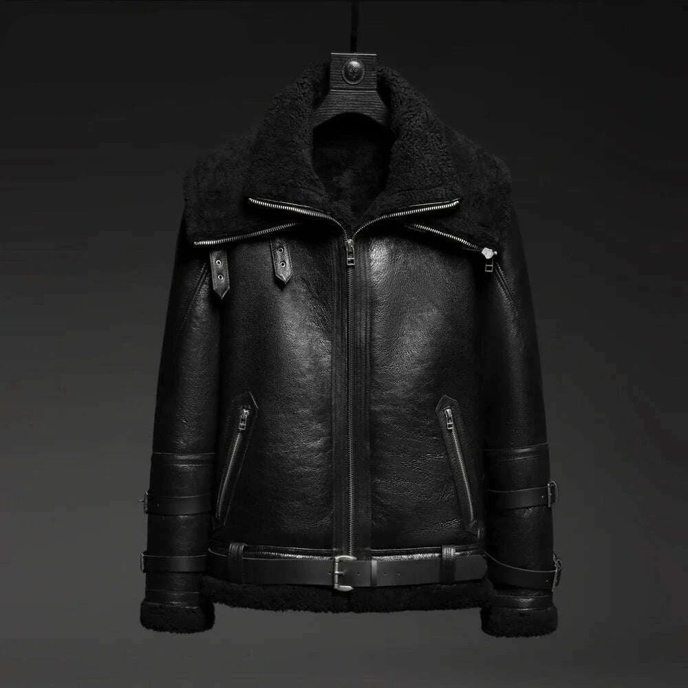 Double Collars Thick Genuine Leather Sheepskin Fur Jacket Natural Shearling Fur Coat Winter Men Warm Fur Clothing - KIMLUD