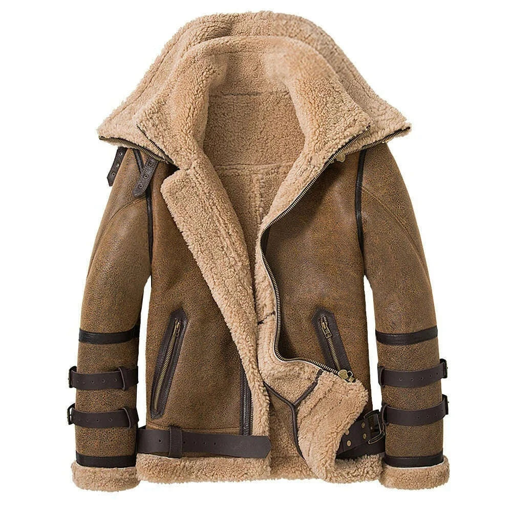 Double Collars Thick Genuine Leather Sheepskin Fur Jacket Natural Shearling Fur Coat Winter Men Warm Fur Clothing - KIMLUD
