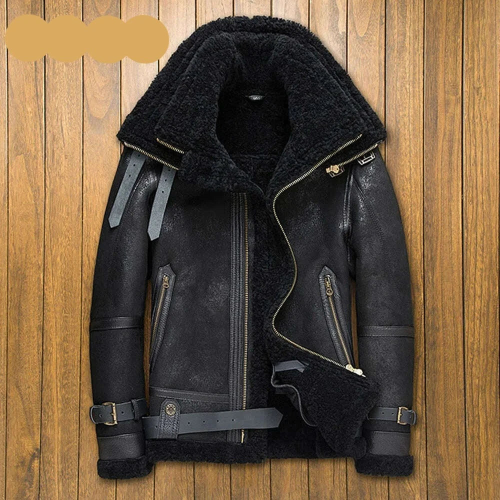 Double Collars Thick Genuine Leather Sheepskin Fur Jacket Natural Shearling Fur Coat Winter Men Warm Fur Clothing - KIMLUD