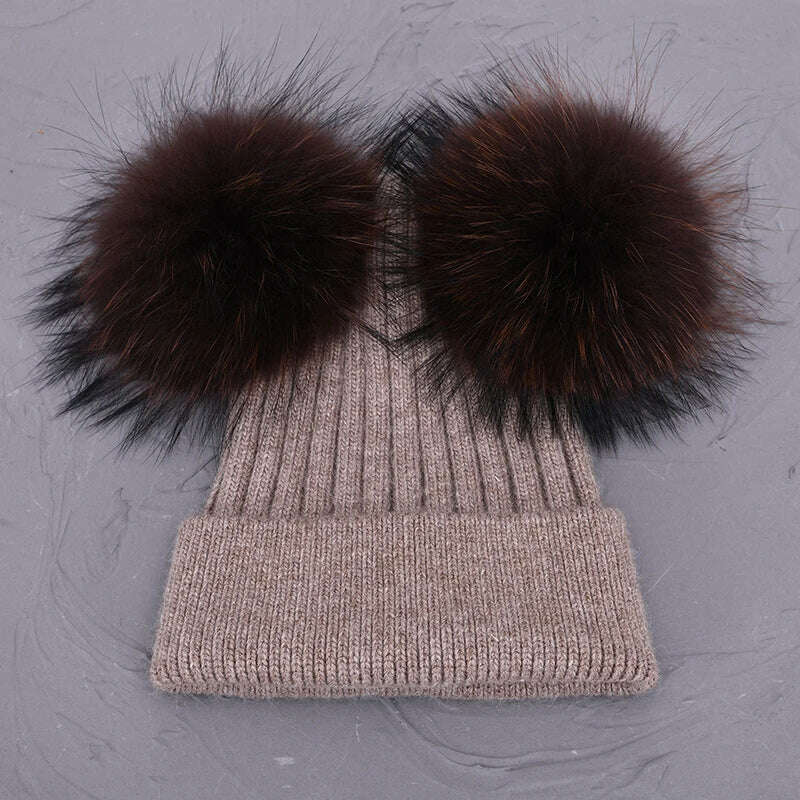Double Real Raccoon Fur Pompom Hat Women Winter Caps Knitted Wool Hats Skullies Beanies Girls Female Two Fur Pom Pom Beanie Hat - KIMLUD
