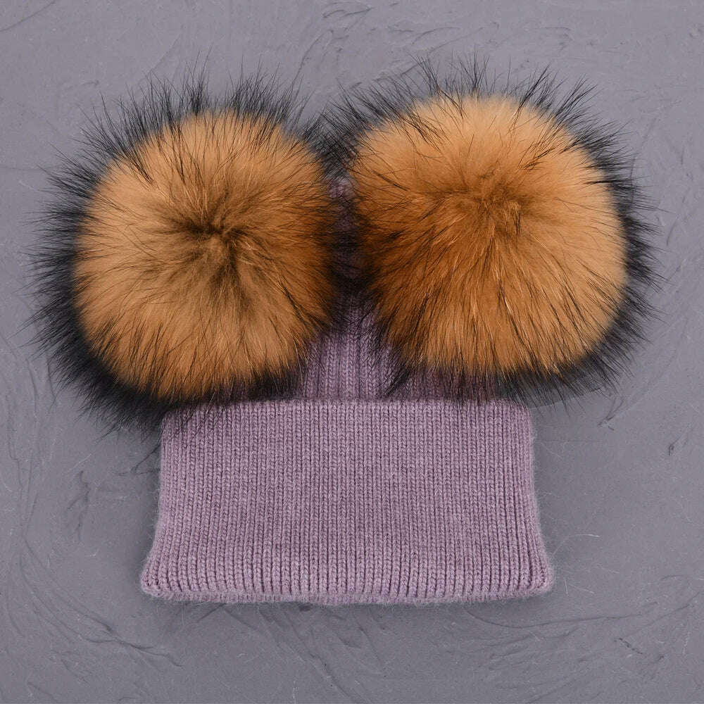 Double Real Raccoon Fur Pompom Hat Women Winter Caps Knitted Wool Hats Skullies Beanies Girls Female Two Fur Pom Pom Beanie Hat - KIMLUD