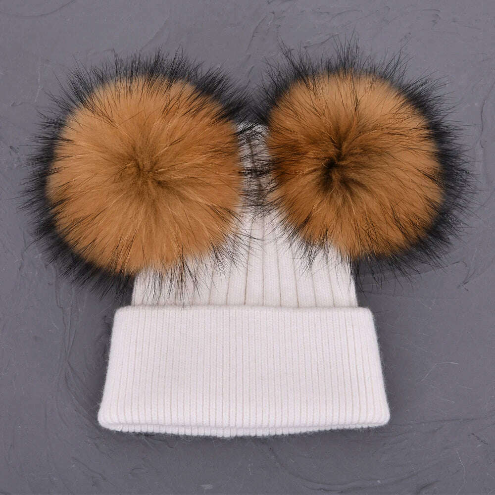 Double Real Raccoon Fur Pompom Hat Women Winter Caps Knitted Wool Hats Skullies Beanies Girls Female Two Fur Pom Pom Beanie Hat - KIMLUD