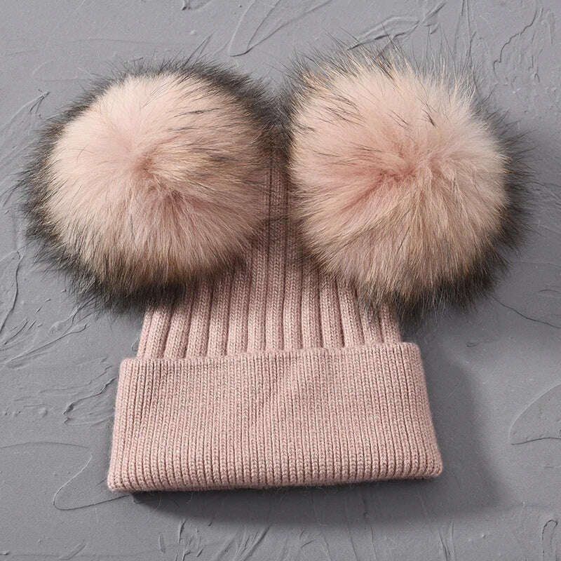 Double Real Raccoon Fur Pompom Hat Women Winter Caps Knitted Wool Hats Skullies Beanies Girls Female Two Fur Pom Pom Beanie Hat - KIMLUD