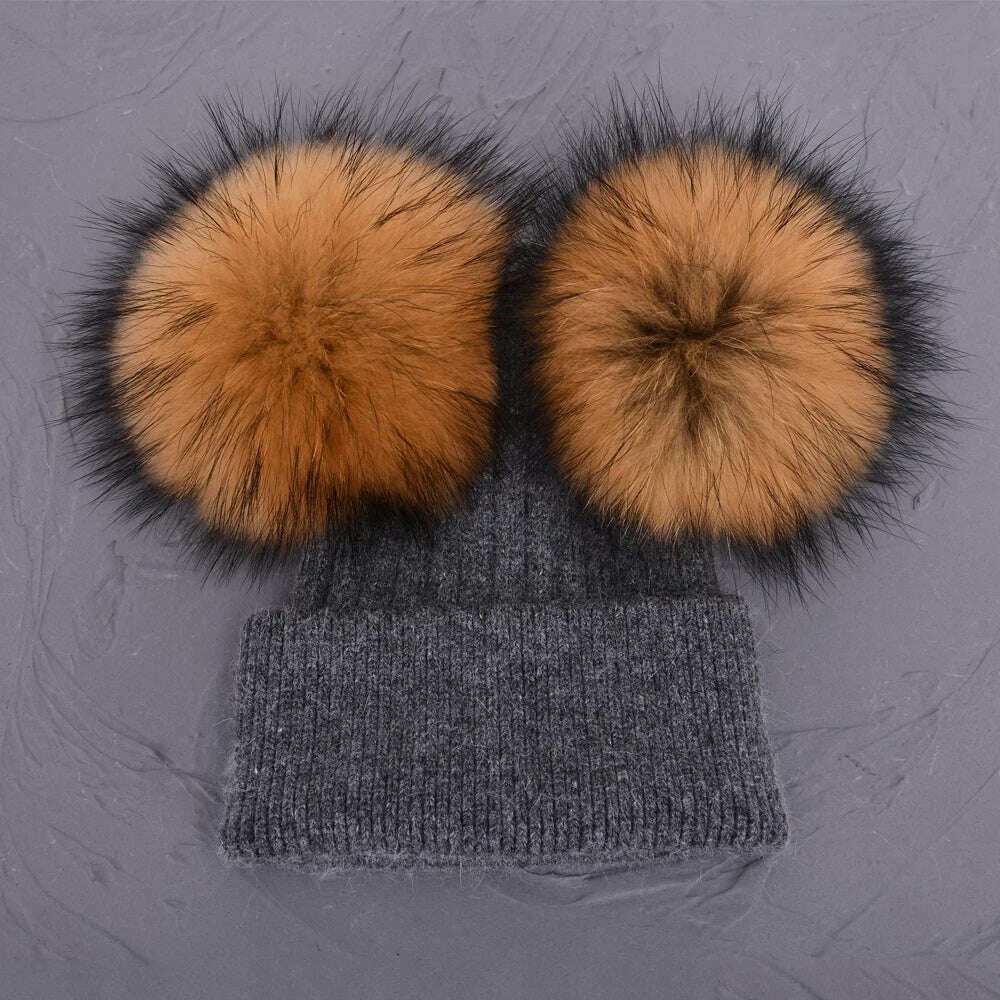 Double Real Raccoon Fur Pompom Hat Women Winter Caps Knitted Wool Hats Skullies Beanies Girls Female Two Fur Pom Pom Beanie Hat - KIMLUD