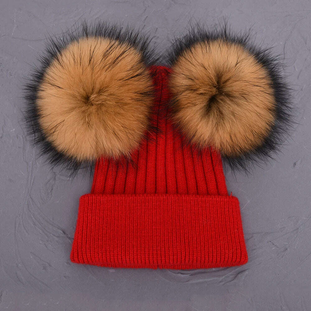 Double Real Raccoon Fur Pompom Hat Women Winter Caps Knitted Wool Hats Skullies Beanies Girls Female Two Fur Pom Pom Beanie Hat - KIMLUD