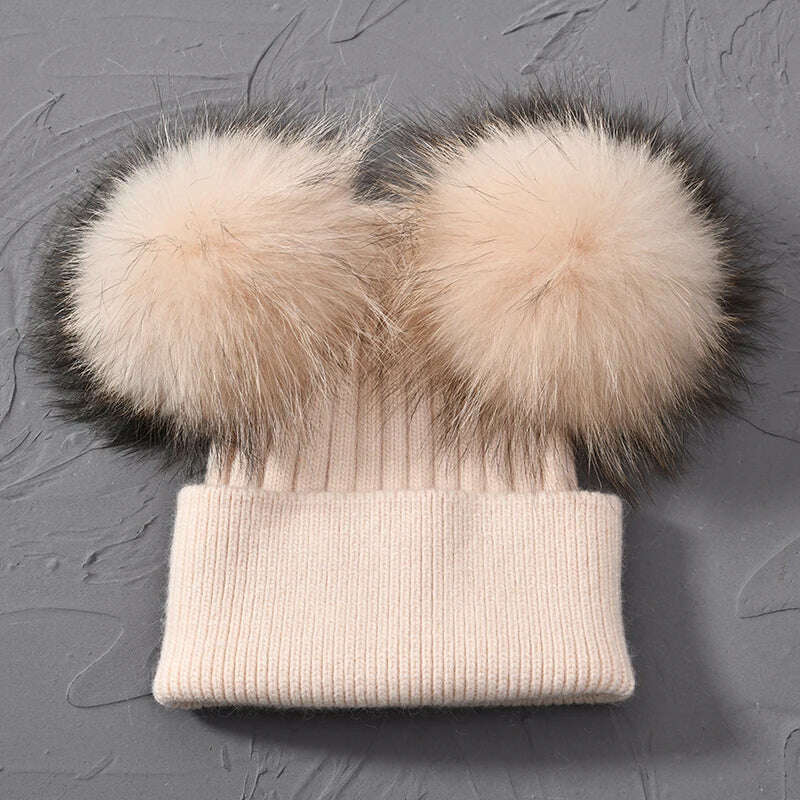 Double Real Raccoon Fur Pompom Hat Women Winter Caps Knitted Wool Hats Skullies Beanies Girls Female Two Fur Pom Pom Beanie Hat - KIMLUD