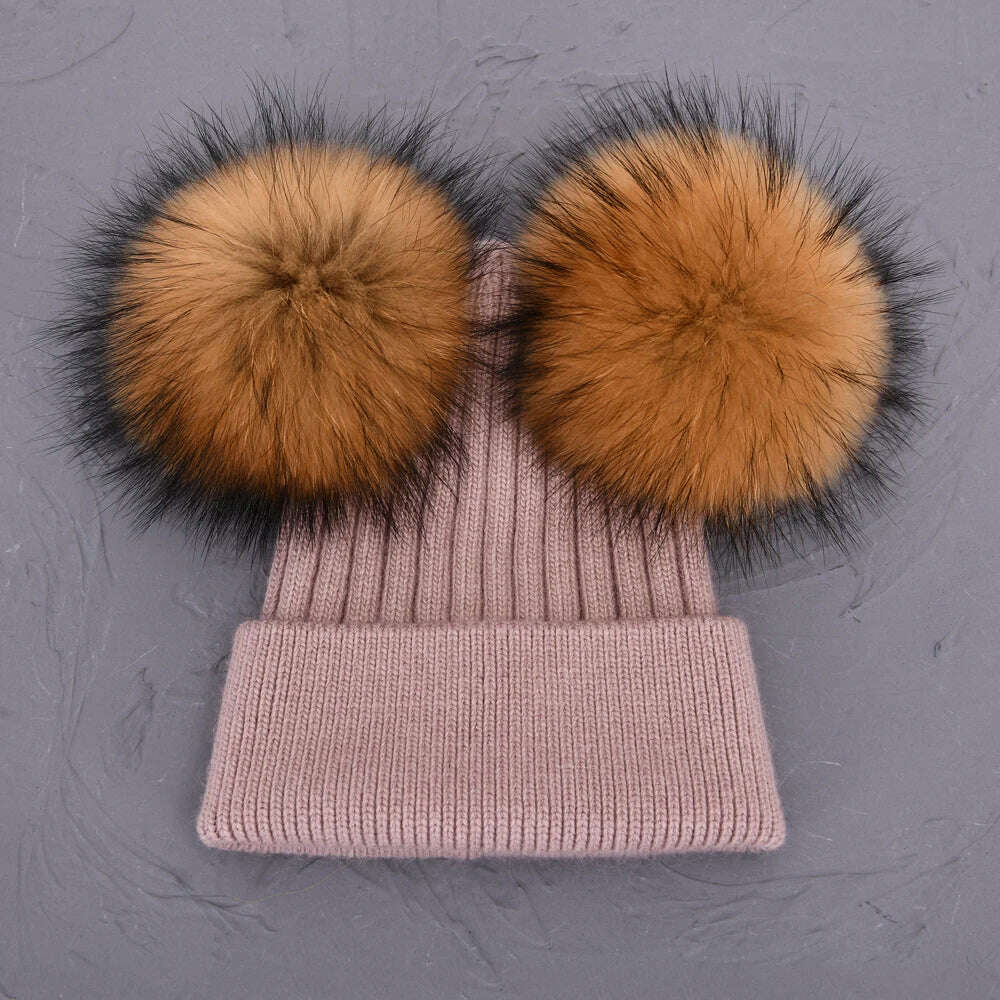 Double Real Raccoon Fur Pompom Hat Women Winter Caps Knitted Wool Hats Skullies Beanies Girls Female Two Fur Pom Pom Beanie Hat - KIMLUD