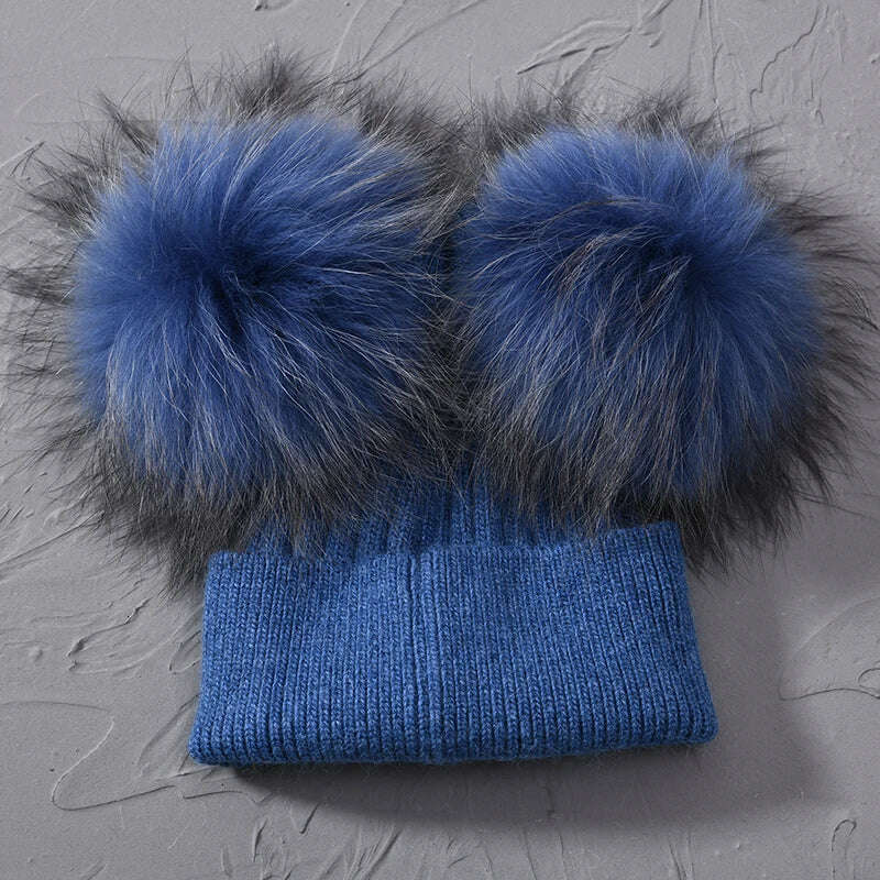 Double Real Raccoon Fur Pompom Hat Women Winter Caps Knitted Wool Hats Skullies Beanies Girls Female Two Fur Pom Pom Beanie Hat - KIMLUD