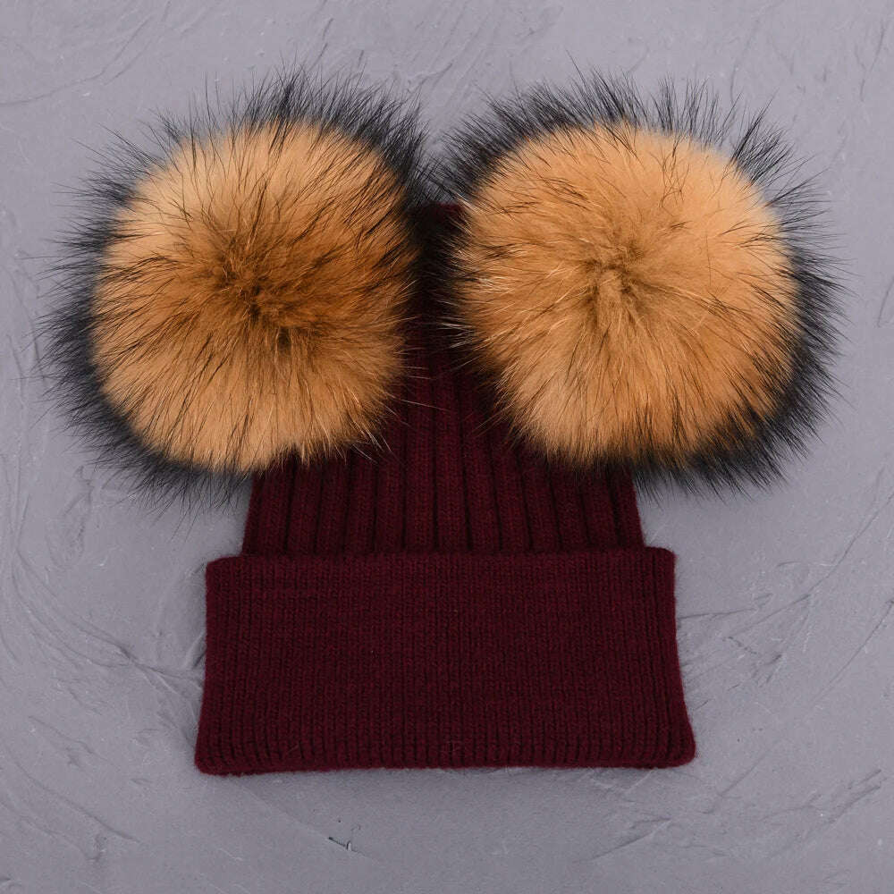 Double Real Raccoon Fur Pompom Hat Women Winter Caps Knitted Wool Hats Skullies Beanies Girls Female Two Fur Pom Pom Beanie Hat - KIMLUD