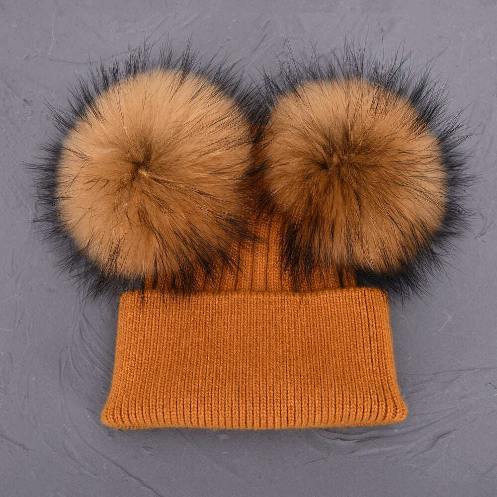 Double Real Raccoon Fur Pompom Hat Women Winter Caps Knitted Wool Hats Skullies Beanies Girls Female Two Fur Pom Pom Beanie Hat - KIMLUD