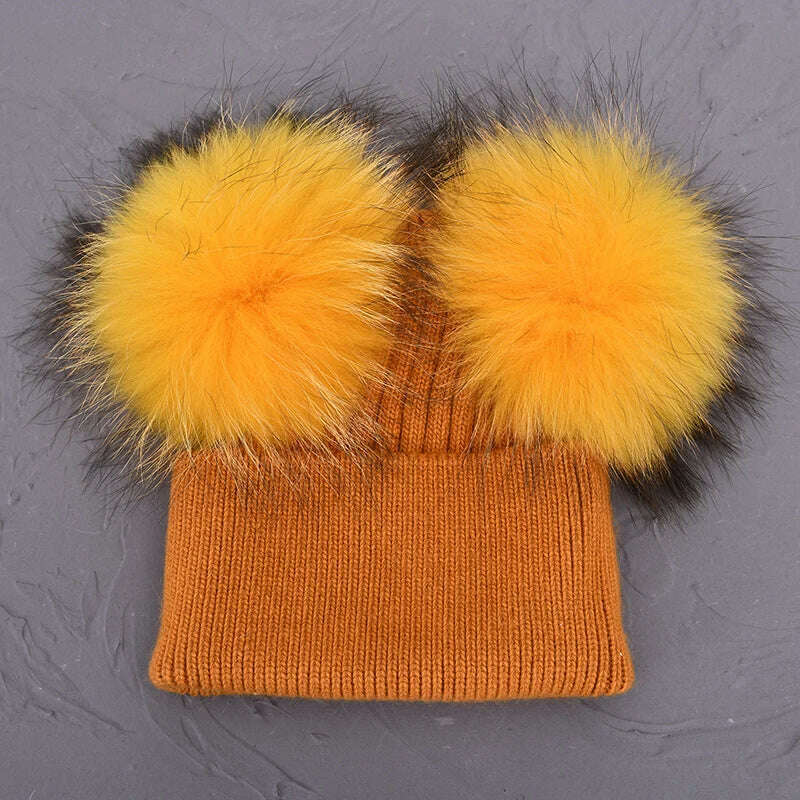 Double Real Raccoon Fur Pompom Hat Women Winter Caps Knitted Wool Hats Skullies Beanies Girls Female Two Fur Pom Pom Beanie Hat - KIMLUD