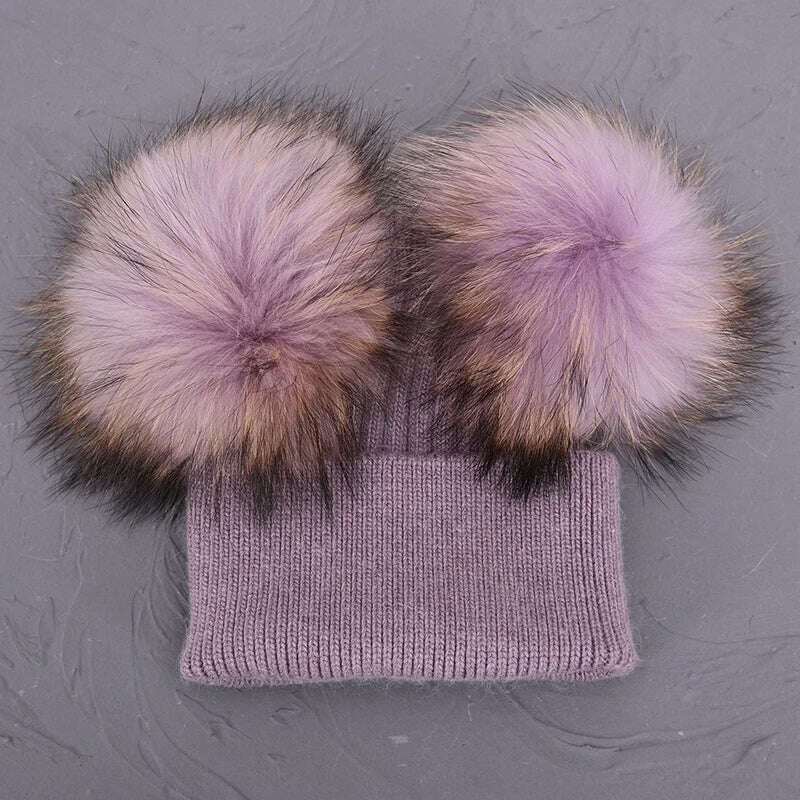Double Real Raccoon Fur Pompom Hat Women Winter Caps Knitted Wool Hats Skullies Beanies Girls Female Two Fur Pom Pom Beanie Hat - KIMLUD