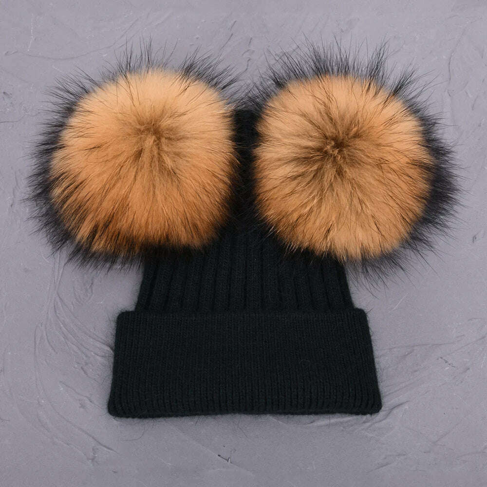 Double Real Raccoon Fur Pompom Hat Women Winter Caps Knitted Wool Hats Skullies Beanies Girls Female Two Fur Pom Pom Beanie Hat - KIMLUD