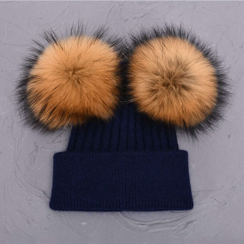 Double Real Raccoon Fur Pompom Hat Women Winter Caps Knitted Wool Hats Skullies Beanies Girls Female Two Fur Pom Pom Beanie Hat - KIMLUD