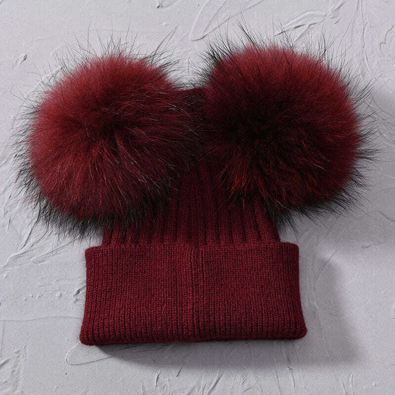 Double Real Raccoon Fur Pompom Hat Women Winter Caps Knitted Wool Hats Skullies Beanies Girls Female Two Fur Pom Pom Beanie Hat - KIMLUD