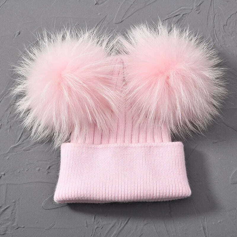 Double Real Raccoon Fur Pompom Hat Women Winter Caps Knitted Wool Hats Skullies Beanies Girls Female Two Fur Pom Pom Beanie Hat - KIMLUD