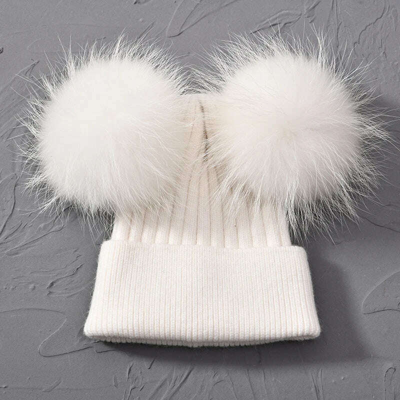 Double Real Raccoon Fur Pompom Hat Women Winter Caps Knitted Wool Hats Skullies Beanies Girls Female Two Fur Pom Pom Beanie Hat - KIMLUD