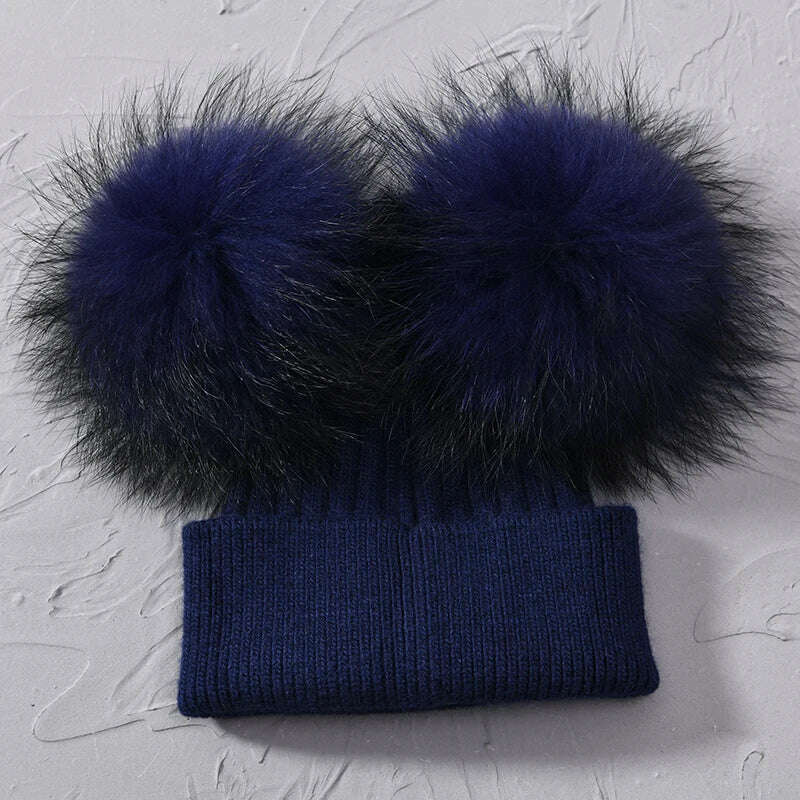 Double Real Raccoon Fur Pompom Hat Women Winter Caps Knitted Wool Hats Skullies Beanies Girls Female Two Fur Pom Pom Beanie Hat - KIMLUD