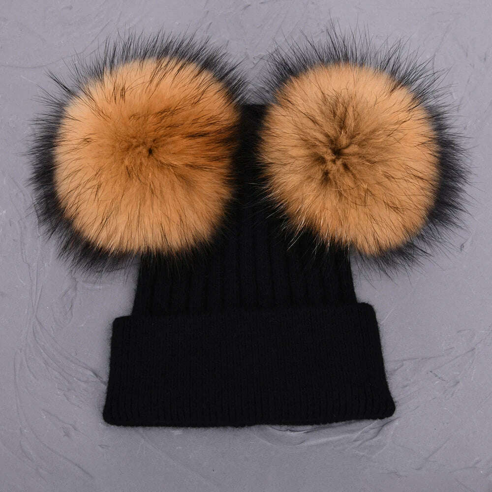 Double Real Raccoon Fur Pompom Hat Women Winter Caps Knitted Wool Hats Skullies Beanies Girls Female Two Fur Pom Pom Beanie Hat - KIMLUD