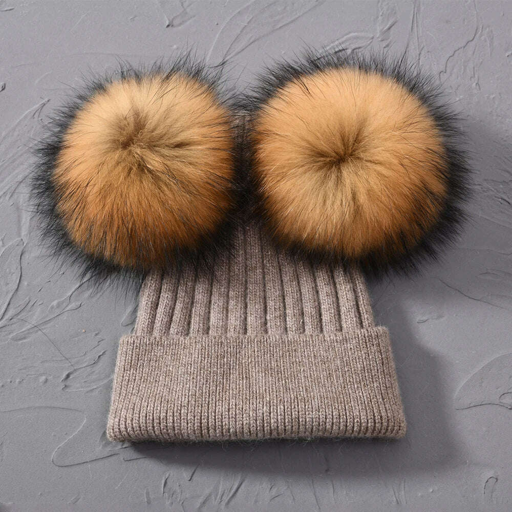 Double Real Raccoon Fur Pompom Hat Women Winter Caps Knitted Wool Hats Skullies Beanies Girls Female Two Fur Pom Pom Beanie Hat - KIMLUD