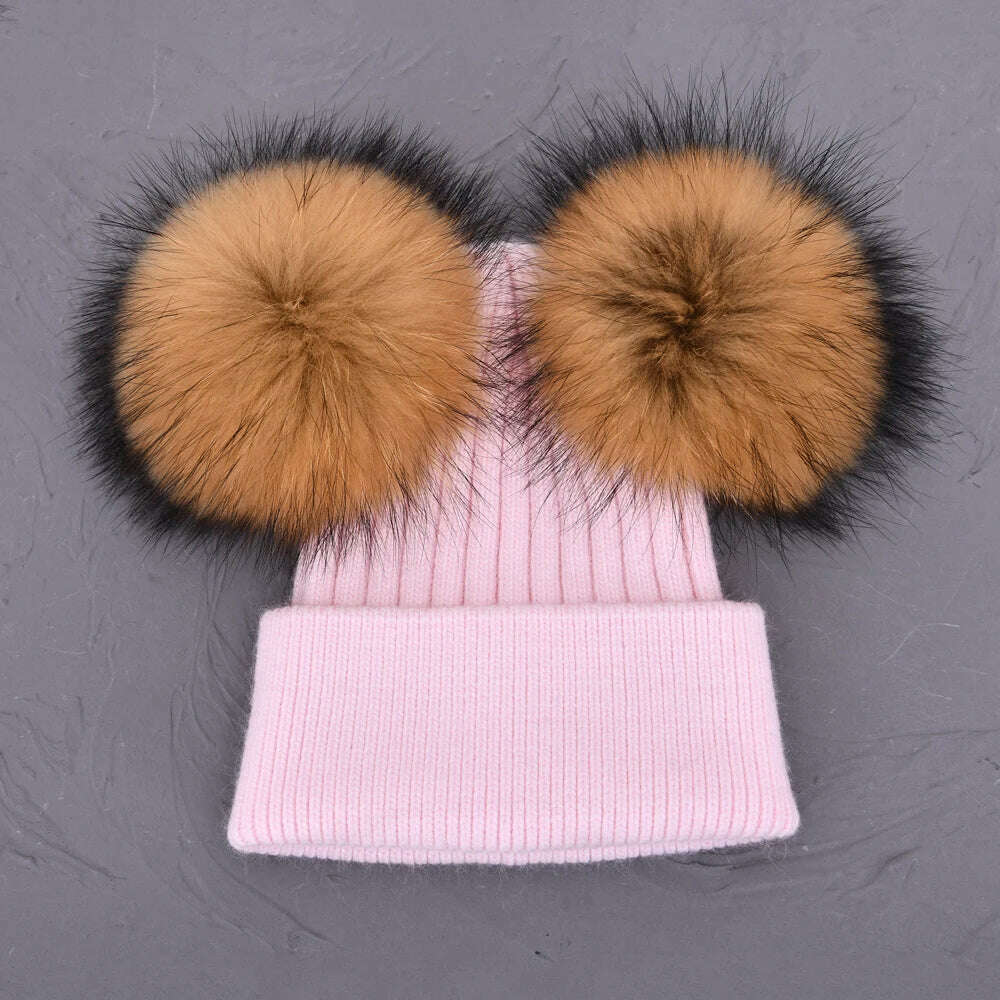 Double Real Raccoon Fur Pompom Hat Women Winter Caps Knitted Wool Hats Skullies Beanies Girls Female Two Fur Pom Pom Beanie Hat - KIMLUD