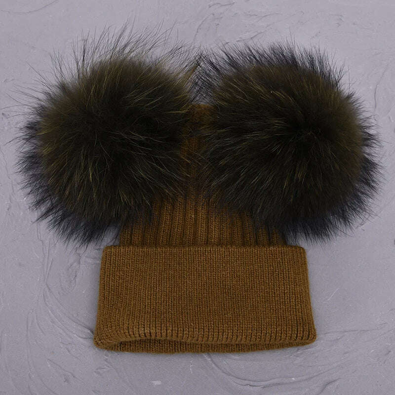 Double Real Raccoon Fur Pompom Hat Women Winter Caps Knitted Wool Hats Skullies Beanies Girls Female Two Fur Pom Pom Beanie Hat - KIMLUD