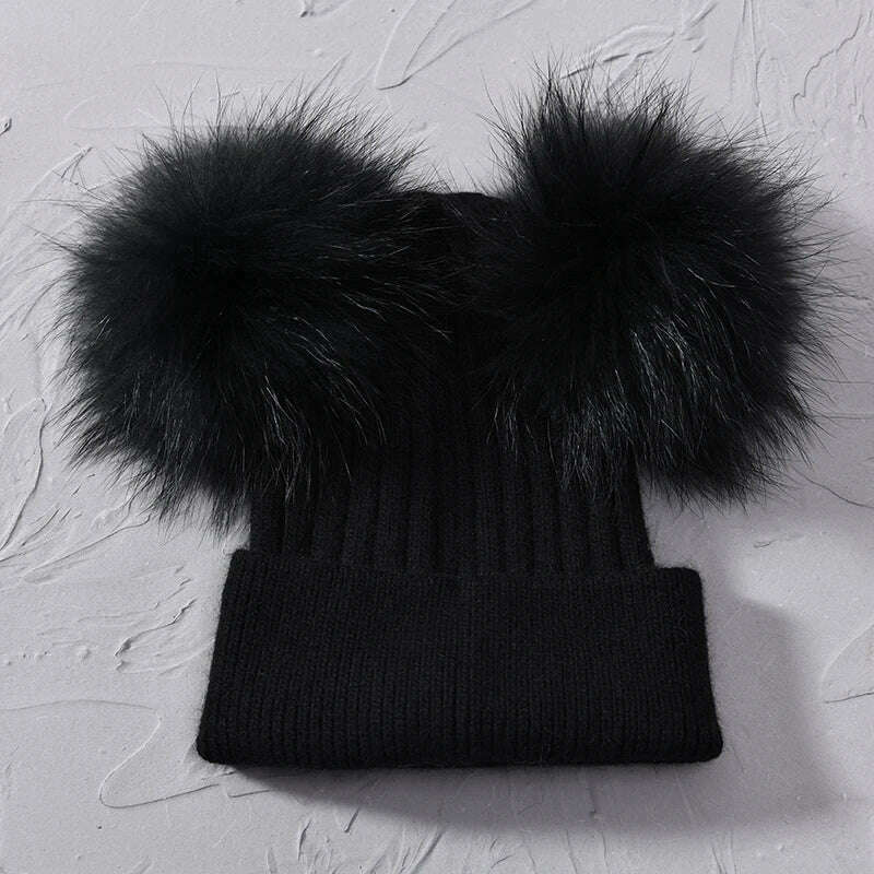 Double Real Raccoon Fur Pompom Hat Women Winter Caps Knitted Wool Hats Skullies Beanies Girls Female Two Fur Pom Pom Beanie Hat - KIMLUD