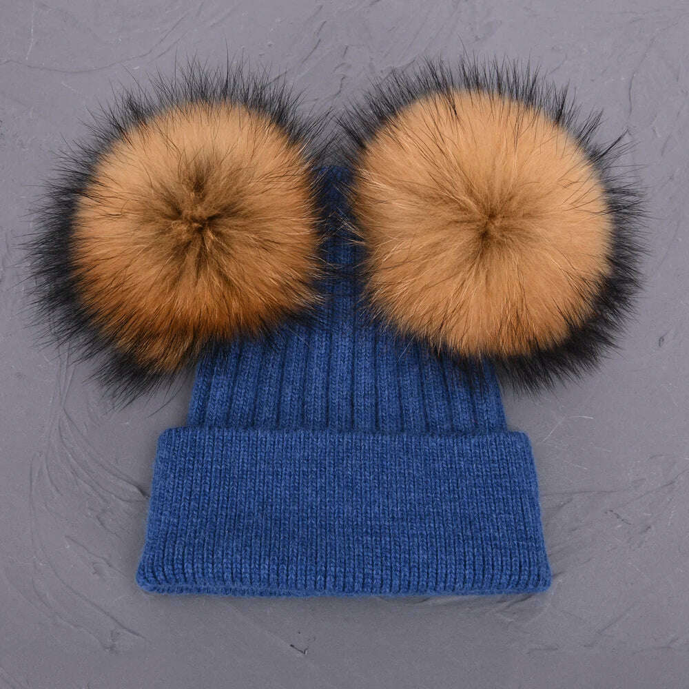 Double Real Raccoon Fur Pompom Hat Women Winter Caps Knitted Wool Hats Skullies Beanies Girls Female Two Fur Pom Pom Beanie Hat - KIMLUD