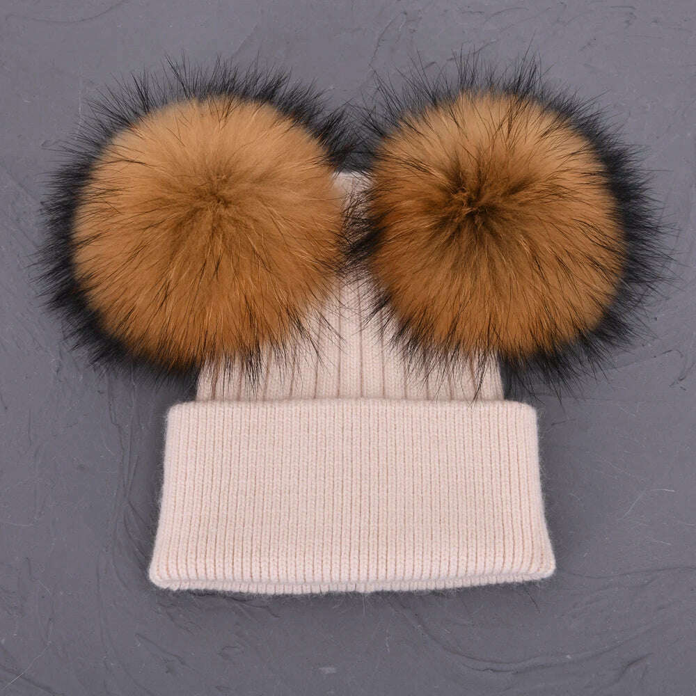 Double Real Raccoon Fur Pompom Hat Women Winter Caps Knitted Wool Hats Skullies Beanies Girls Female Two Fur Pom Pom Beanie Hat - KIMLUD