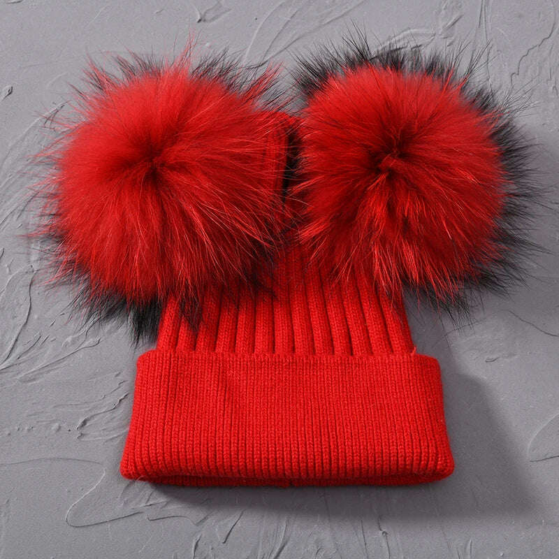 Double Real Raccoon Fur Pompom Hat Women Winter Caps Knitted Wool Hats Skullies Beanies Girls Female Two Fur Pom Pom Beanie Hat - KIMLUD