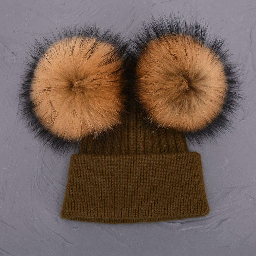 Double Real Raccoon Fur Pompom Hat Women Winter Caps Knitted Wool Hats Skullies Beanies Girls Female Two Fur Pom Pom Beanie Hat - KIMLUD