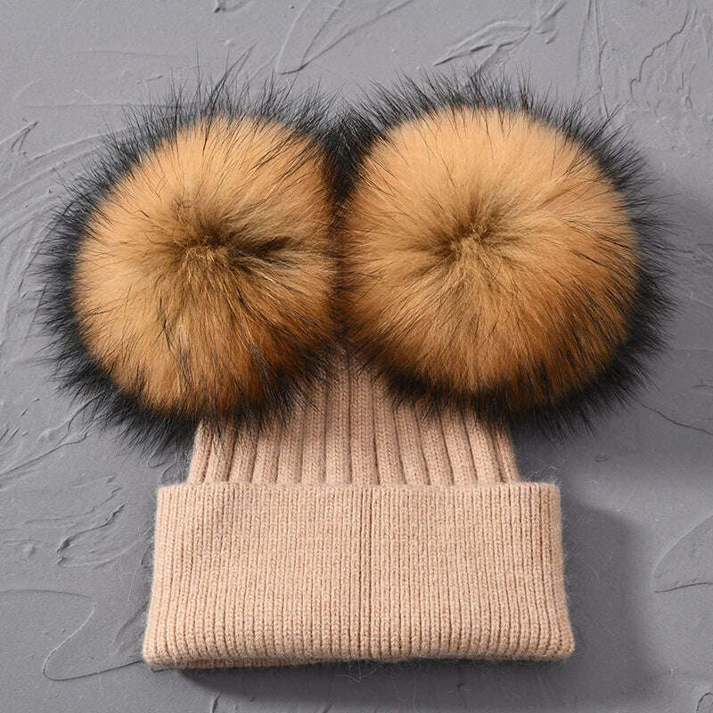 Double Real Raccoon Fur Pompom Hat Women Winter Caps Knitted Wool Hats Skullies Beanies Girls Female Two Fur Pom Pom Beanie Hat - KIMLUD
